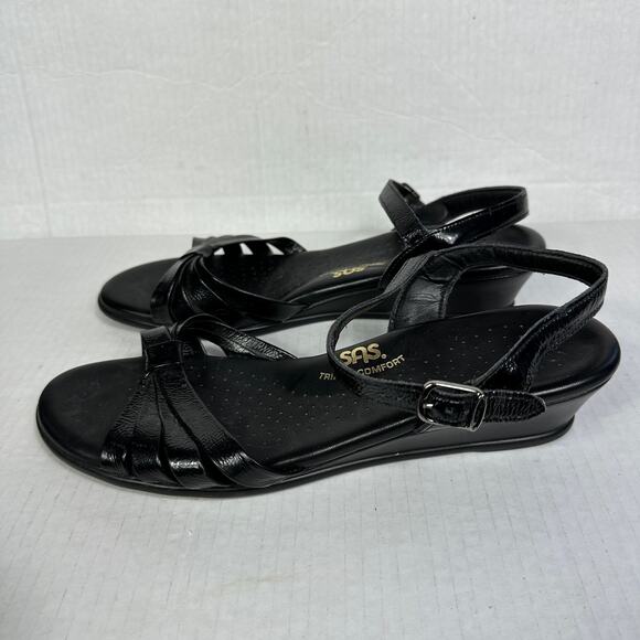 SAS Strippy Quarter Strap Black Patent Leather Wedge Sandals Size 10S Slim - Picture 1 of 6